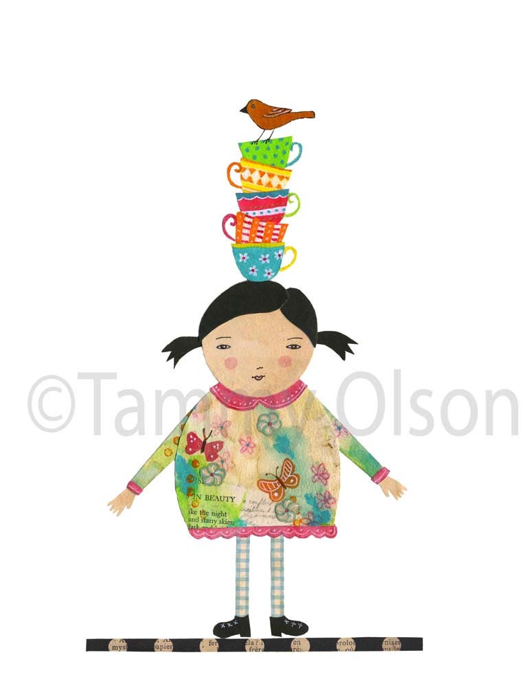 Mixed media girl, art, collage, tea cups, bird, whimsical,  8 x 10 Limited edition print 1/250 "New heights"