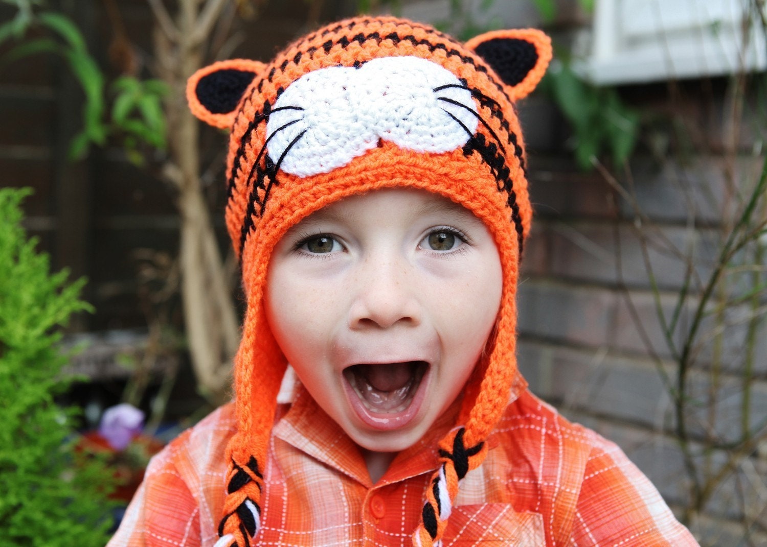Crochet Tiger earflap beanie hat in orange and black