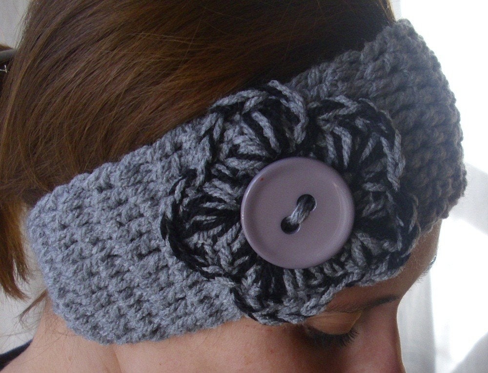 Crochet boho headband headwrap earwarmer - adult size - gray and black - grey