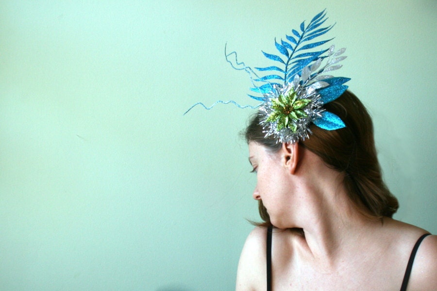 CLEARANCE - Glitter Headpiece in Aqua Lime and Silver - Hair Flourish of Glittery Leaves and Poinsettia Flower - Holiday - Formal