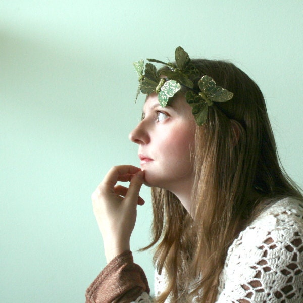 CLEARANCE - Butterfly Woodland Crown in Moss- Sage Green Feather Butterfly Asymmetrical Headband Headpiece