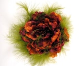 CLEARANCE - Feathered Flower Fascinator in Spiced Cider - Deep Orange Peony and Moss Green Feather Layered Headpiece