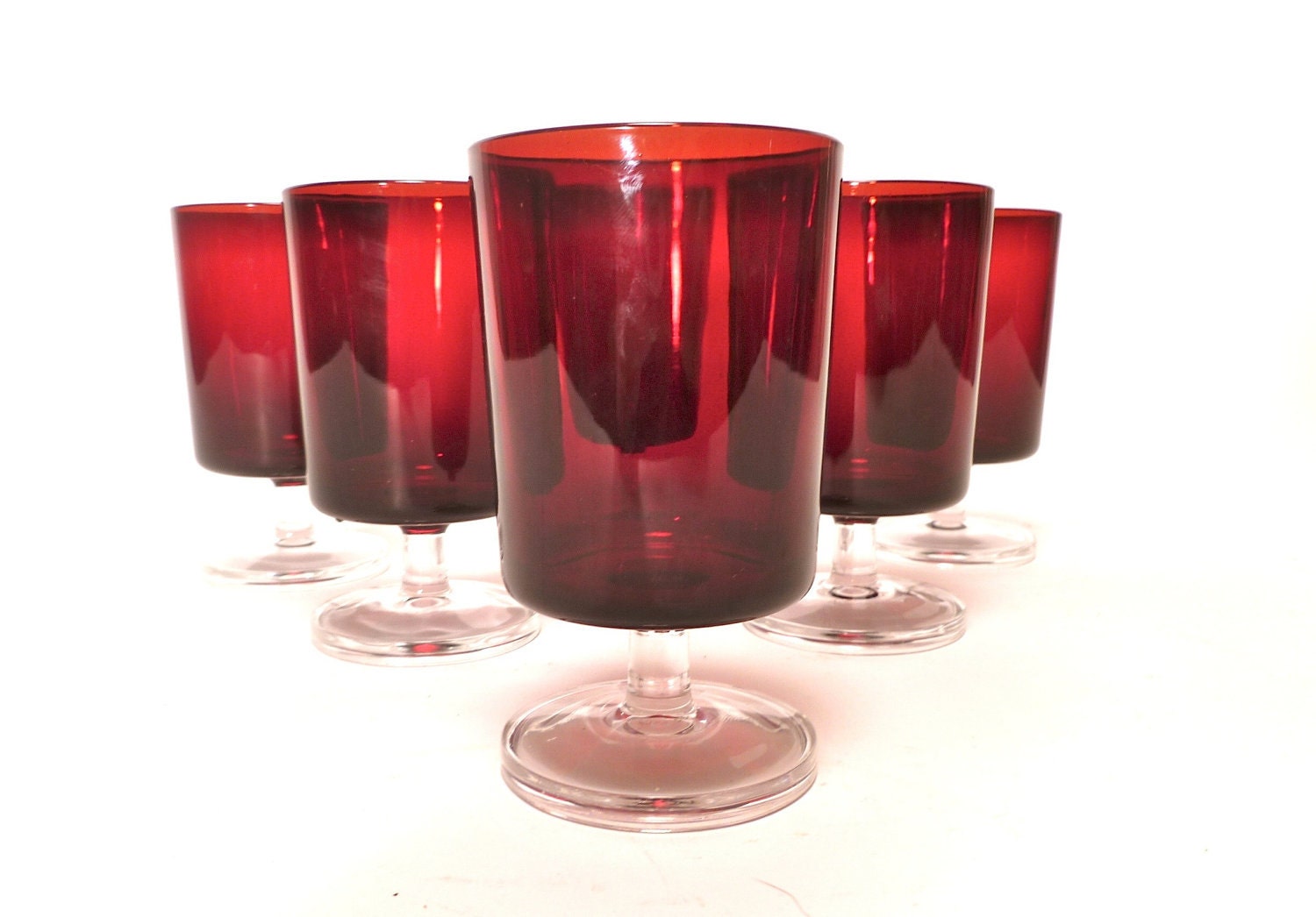 Vintage Ruby Red Glasses ... Set of 6 Arcoroc Footed Crystal Goblets, France