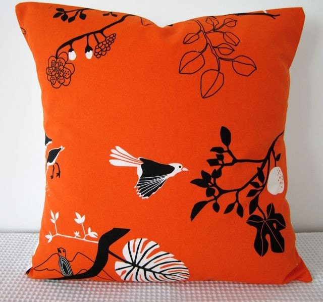 Orange, black and white bird and tree motif Cushion Cover, slip cover, throw pillow, decorative cushion, accent pillow - miaandstitch