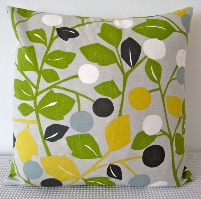 Floral retro green, yellow, duck-egg blue, grey and white cushion Cover, contemporary designer fabric slip cover, throw pillow