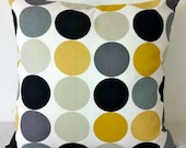 Retro dots in yellow mustard, greys, black and white cushion Cover, contemporary designer fabric slip cover, throw pillow