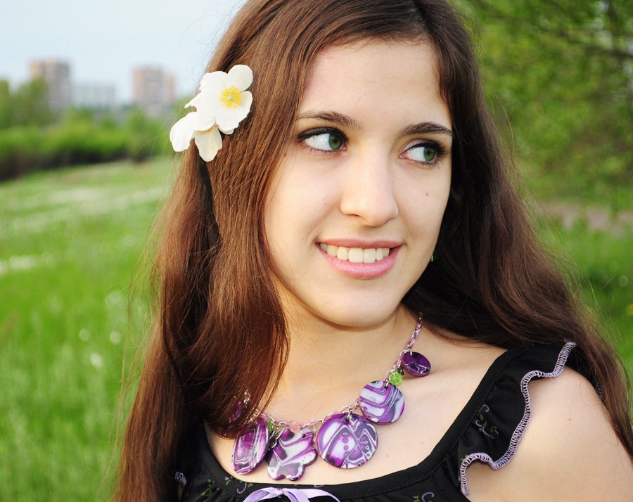 Purple violet set of necklace and earrings from polymer clay - romantic jewelry, gift idea for her, ooak, summer fashion - ready to ship