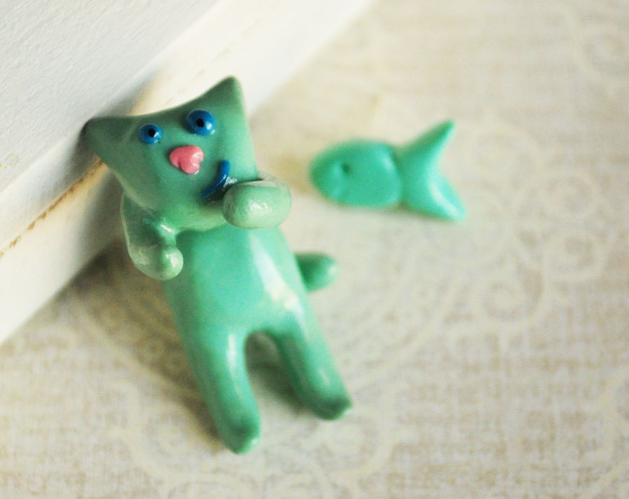 Mint cat earrings ear studs fake gauges - mint earrings, cute ear studs, fun earrings, mint blue,  gift for her girl - made to order