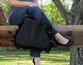 Ruffle Handbag / Black & Red / Canvas and Faux Silk / Handmade / Limited Edition