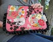 SALE Ruffle Clutch Purse / Pink Floral Japanese Print & Black Satin / Summer Fashion / Handmade