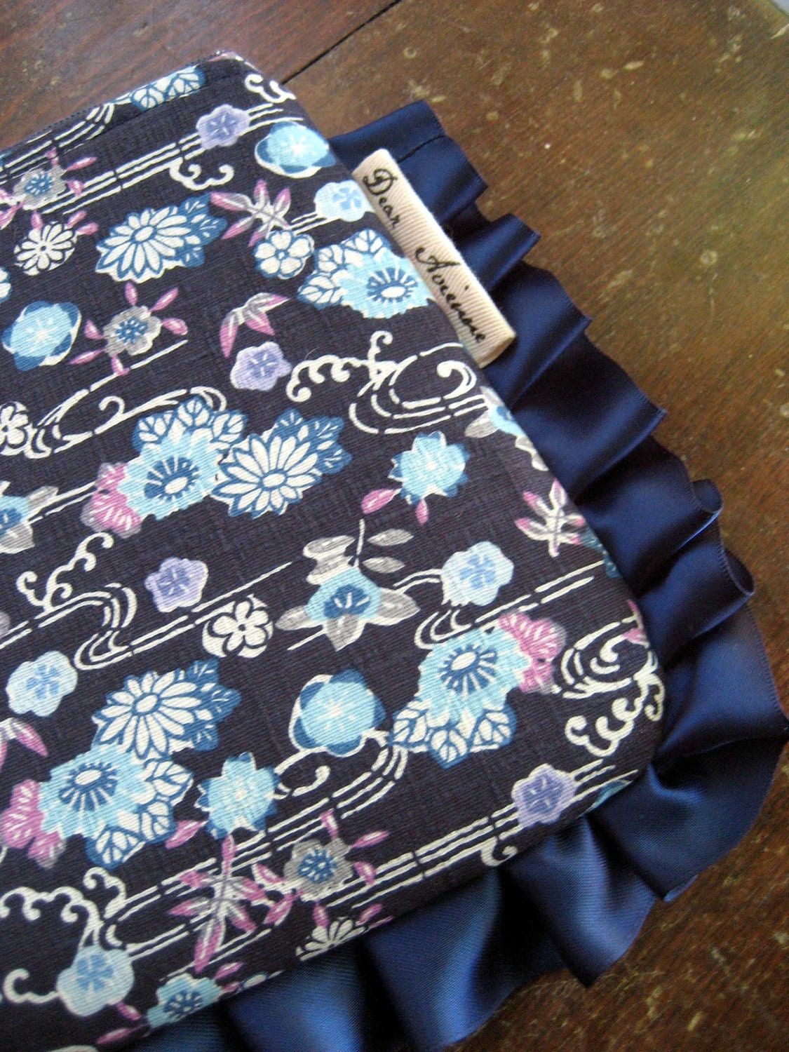 SALE Ruffle Clutch Purse / Blue Floral Print  & Navy Satin Ruffle / Handmade