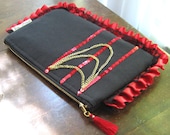 SALE Ruffle Clutch Purse / Red Sequins Gold Chains & Black Lace / Arcade Fire Inspired / Handmade One of a Kind