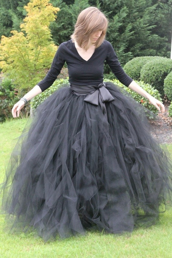 Black adult tutu, long black skirt, sewn tutus, Wide Satin sash, Wedding tutu, Prom dress