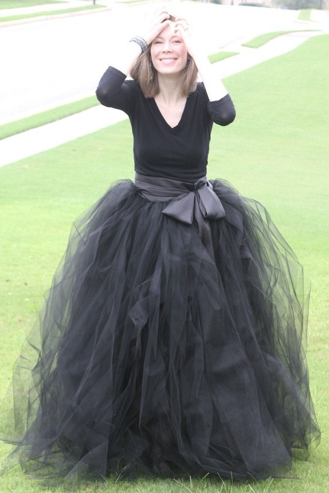 Black adult tutu, long black skirt, sewn tutus, Wide Satin sash, Wedding tutu, Prom dress