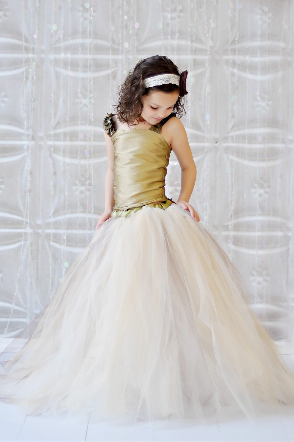 Tutu Dress, Vintage Champagne, Ivory, Gold and Brown tutu Skirt , Gold tutu, FLOWER GIRL DRESS