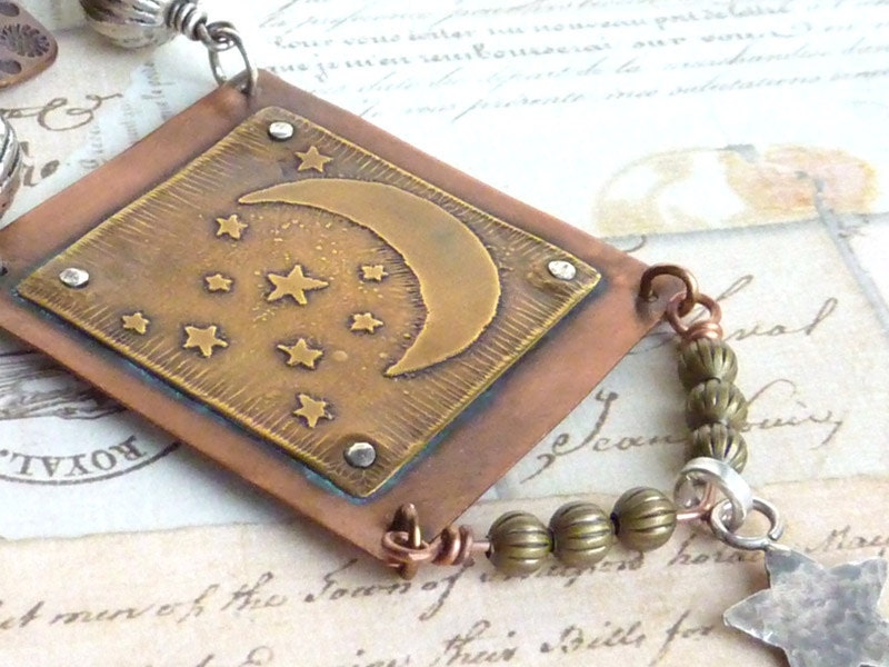 Etched Metal Pendant Copper Brass Celestial Stars Moon Rivet Hammered Silver