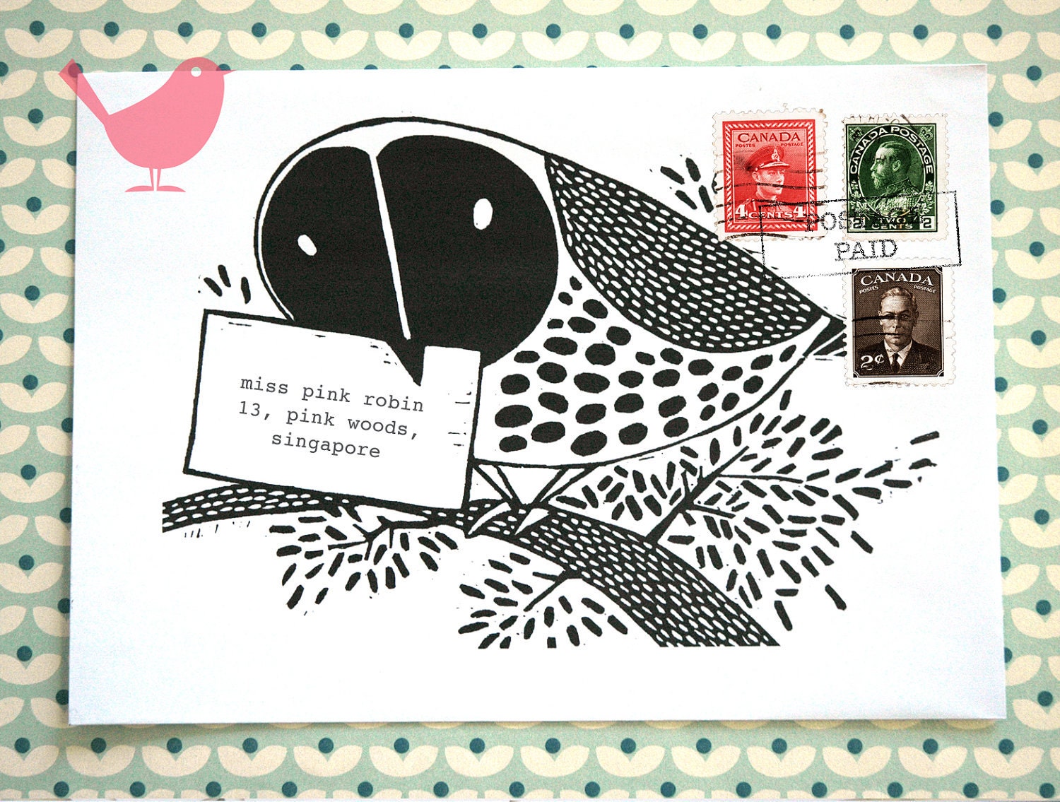 Set of five owl envelopes- print from a series of bird theme lino-cuts