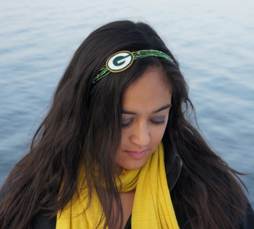 Green Bay Packers Beaded Headband with Ribbon Ties