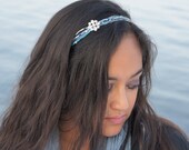 Shades of Blue and Silver Beaded Rhinestone Headband - Tie On - No Headaches