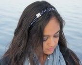 Blue Iris Beaded Headband with Swarovski Crystals and Rhinestone Button - New Year's Eve - No Headaches