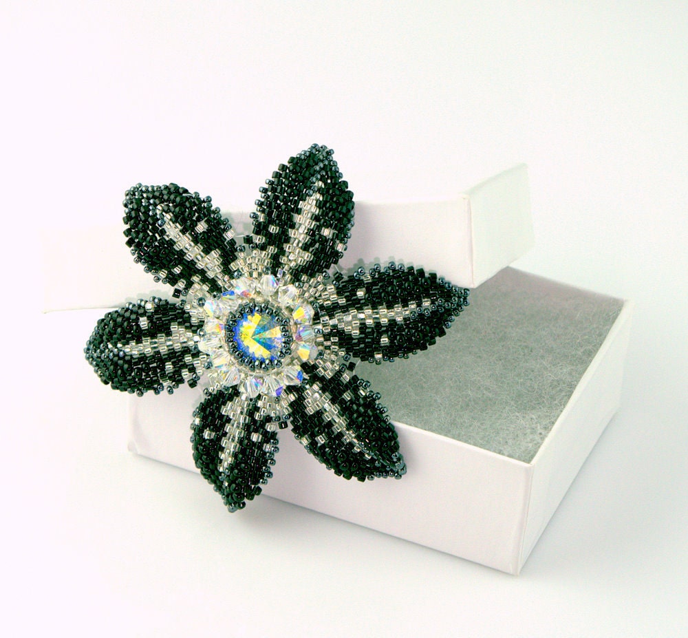 Black and Silver Beaded Flower Hair Clip with Swarovski Crystals