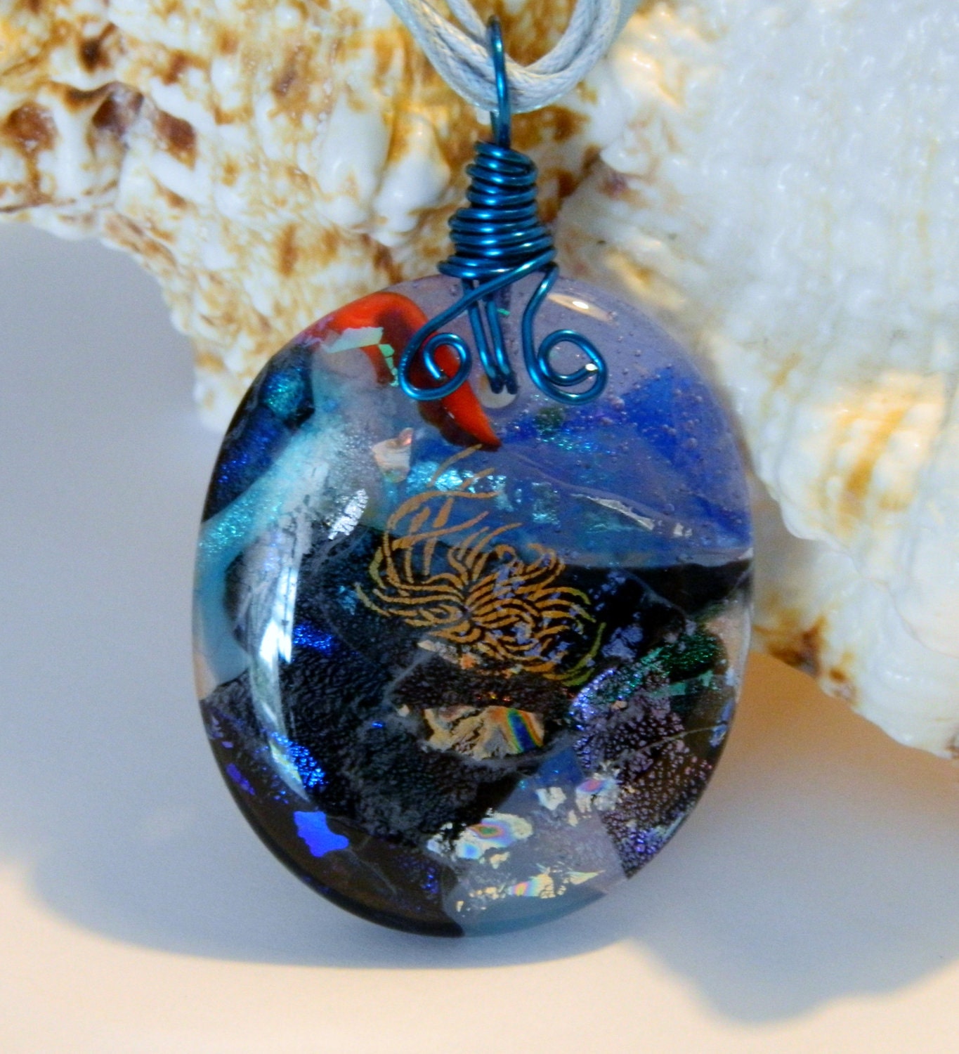Fused Glass Wire Wrapped Stormy Sea pendant necklace