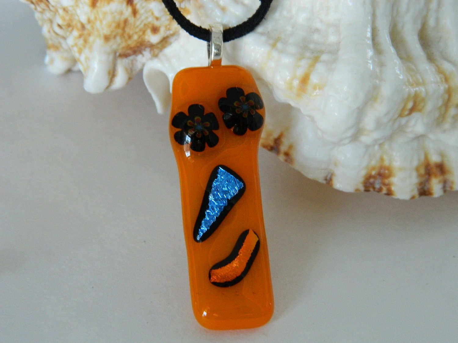 Fused Glass Orange Smiley Face Dichroic pendant necklace