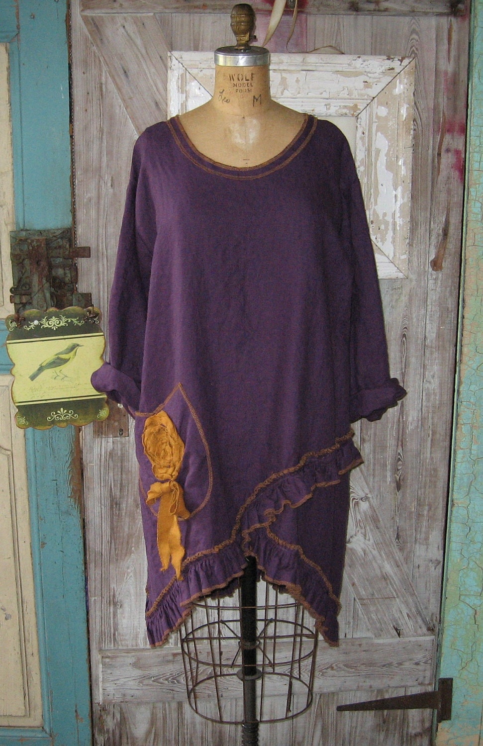 linen tunic with ruffles in eggplant purple ready to ship