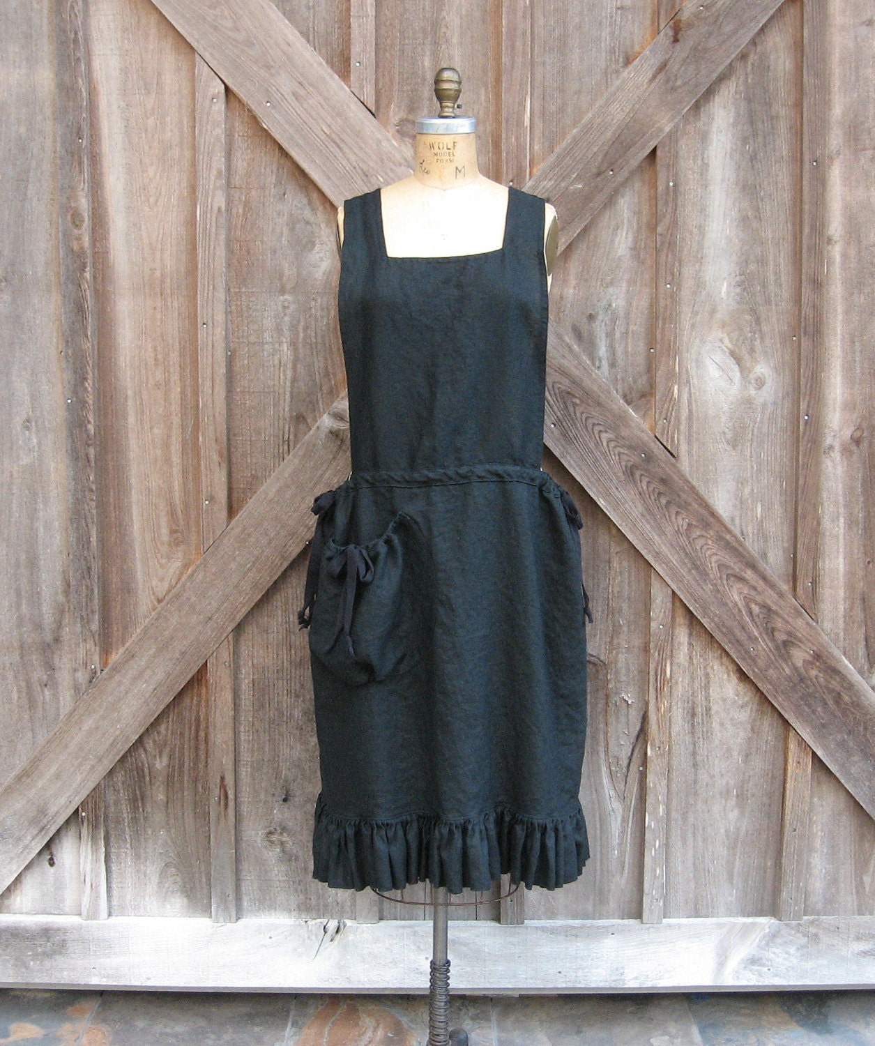 linen jumper pinafore apron dress  in black