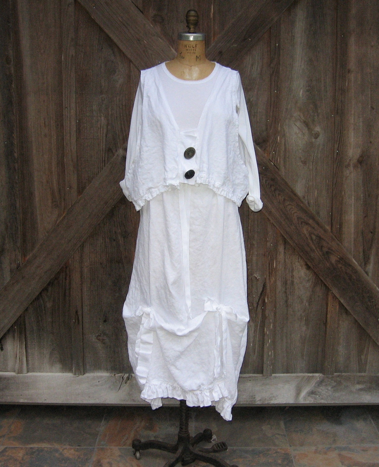 tank top camisole vest washed linen in white with vintage buttons