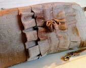 Champagne Silk Ruffle Clutch Wristlet with Flower - Zippered Pouch