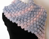Crocheted Cowl Dusty Rose French Blue Puff Stitch Soft Merino Wool