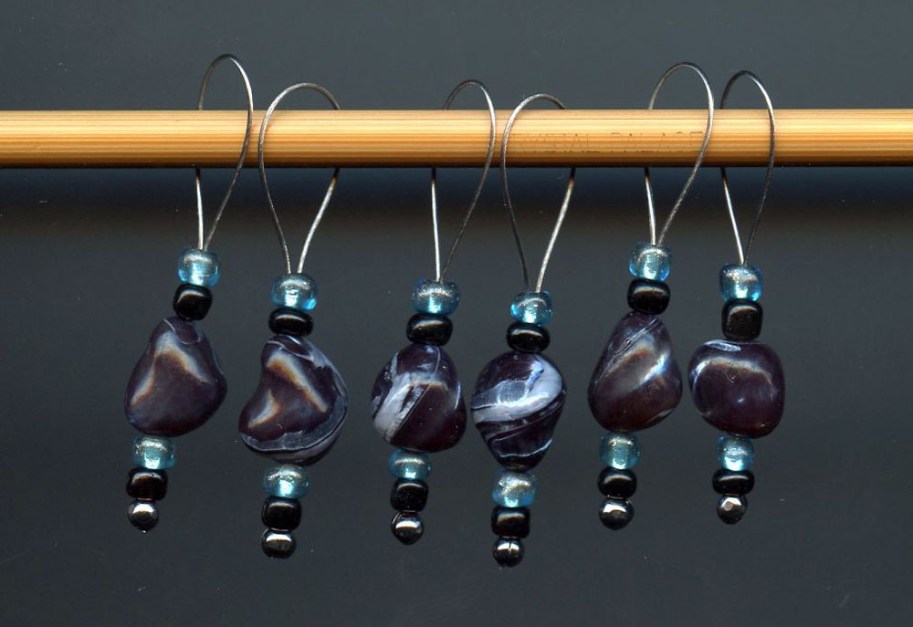 Knitting Stitch Markers Black Shell Nougats Glass Beads Snag Free Large Size