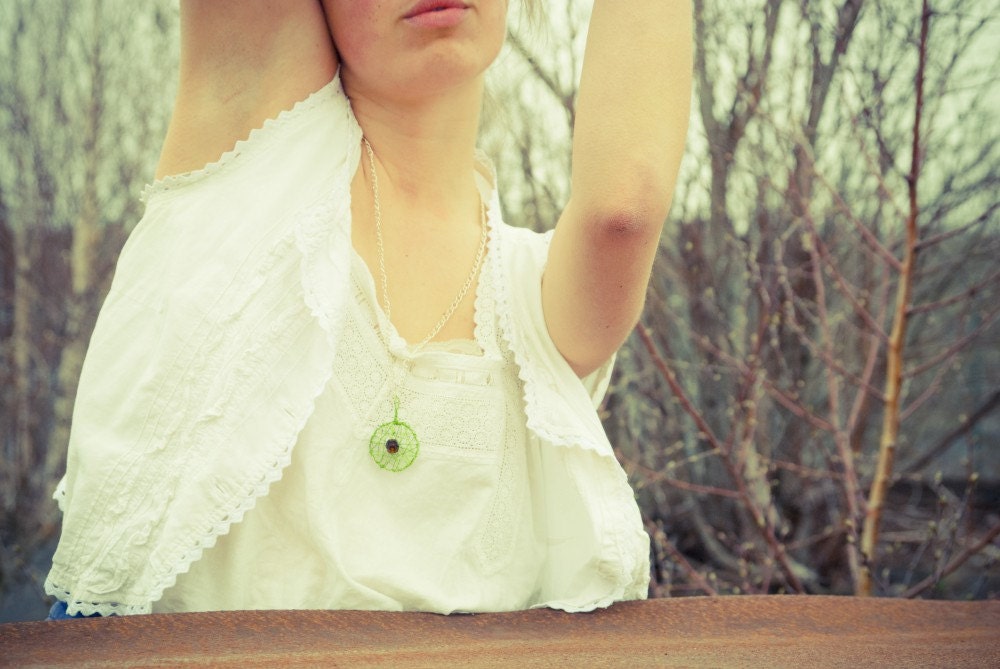 Necklace Pendant - Circular Web- In Vibrant Green and Warm Brown