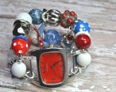 Red, White, Blue- Chunky Beaded Interchangeable Watch Band and Watch Face Included