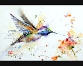 HUMMINGBIRD & FLOWER Abstract Watercolor Print