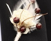 Boutonniere made of Balsa Wood Ivory Flower and Ivory/White Feathers with Gold Willow and Deep Red Berry Accents