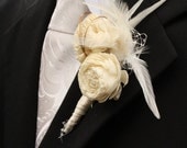 Boutonniere made with Balsa Wood Flower in Ivory and Ivory/White Feathers with Gold Willow Accents