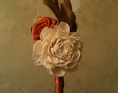 Feathers and Fabric, Orange and Ivory Balsa Wood Wedding Boutonnieres