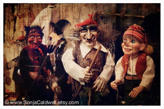 Marionette photo, Creepy-Cute Halloween decor, Red Devil, Chaplin, Pinocchio, puppets - 8x12 Original Fine Art Photography