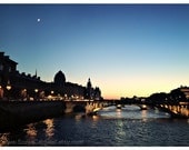 Paris - Down by the River - bridges, crescent moon, sunset, night, blue  5x7 - Original Fine Art Photograph
