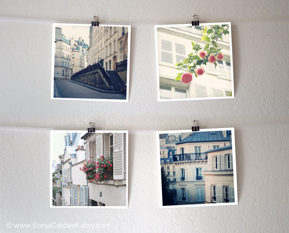 Paris buildings and flowers, Parisian architecture, window box, slate blue, white, stairs - four 8x8 Original Fine Art Photography