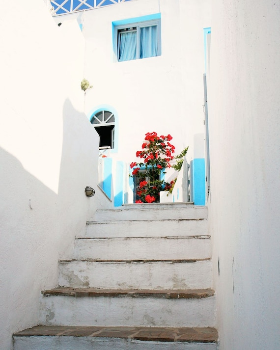 Greece Photography - Santorini Photograph - White Turquoise Blue - Red Pink Flowers - Greek Art - Mediterranean Print - 8 x 10 Photo - Steps