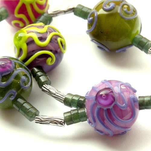 Green, Purple and Pink Necklace - Handmade Lampwork Beads, Sterling Silver and Jade