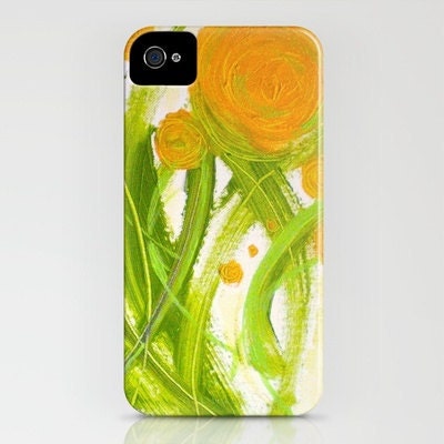 POPPiES iPhone 4/4S case - orange green flowers - contemporary fine art - abstract painting - phone case