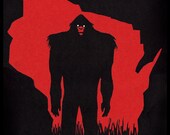 Wisconsin Bigfoot Woodcut Art Print. Red