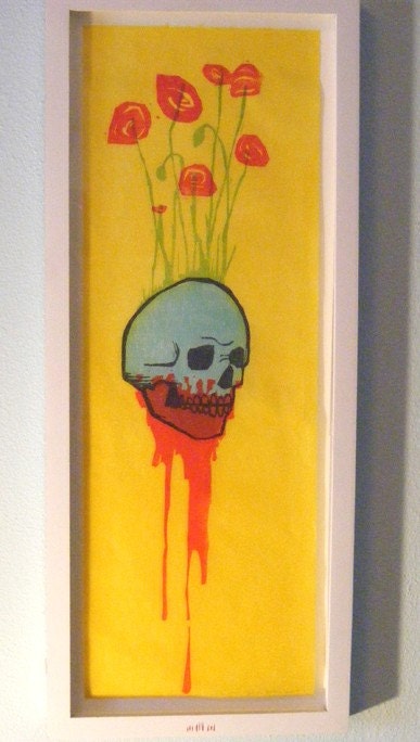 Blood Flower Skull woodcut print