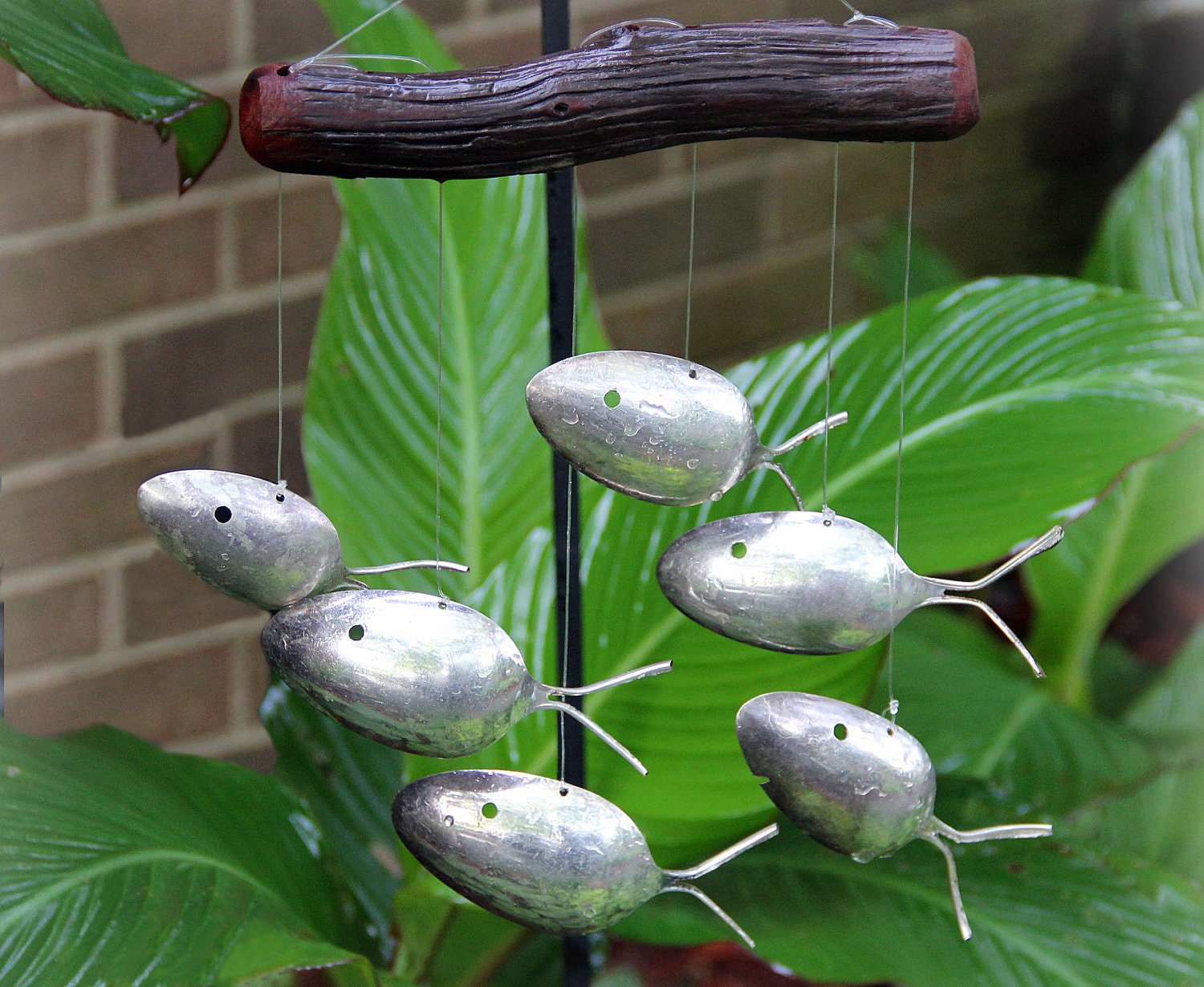 Antique School of Silver spoon fish & driftwood windchimes