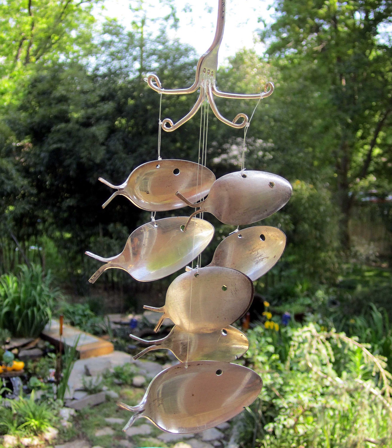 Back to school special - Large Antique Silver Spoon Fish Windchime