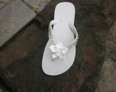 Wedding Shoes,Flip Flops,Wedges for Bride. Handmade Gardenias, Gold Rhinestone Trim. Beach Weddings,Destination Weddings, White Flip Flops.
